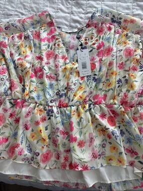 Elite Tahiti White Floral Peplum Blouse with Pink, Yellow & Purple Flowers